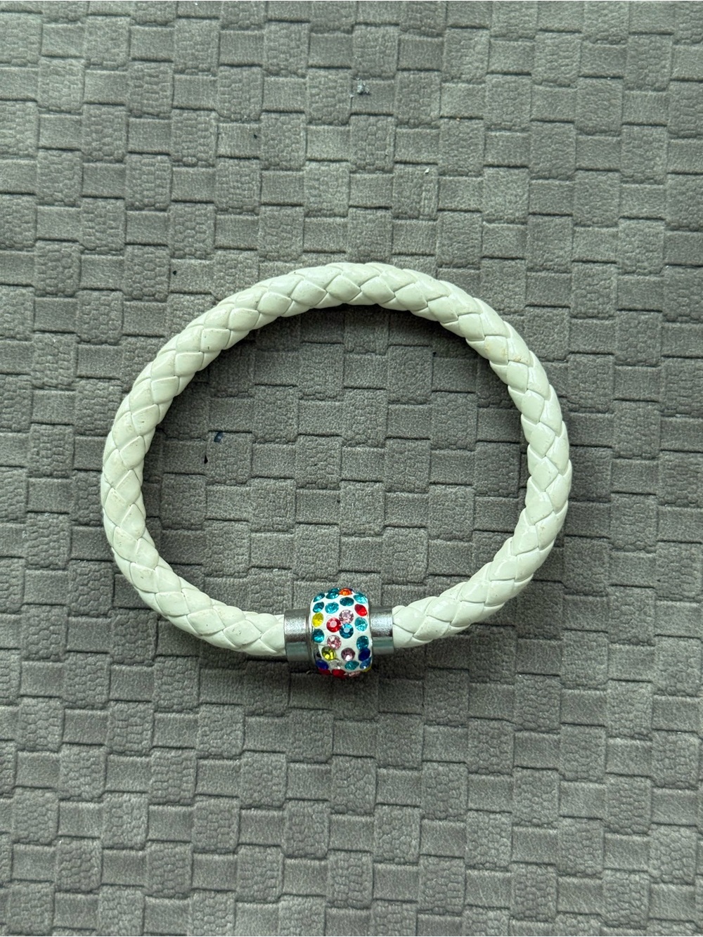 White Braided faux‎ Leather Bracelet with Multicolor Rhinestone Charm
